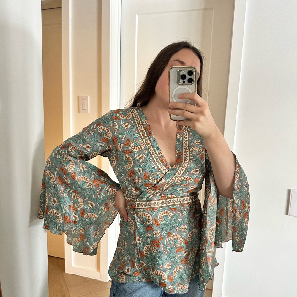 100% Silk Floral Wrap Blouse